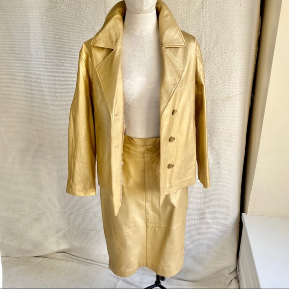 Vintage 90s M Leather Skirt Metallic Gold Pencil - Picture 6 of 8